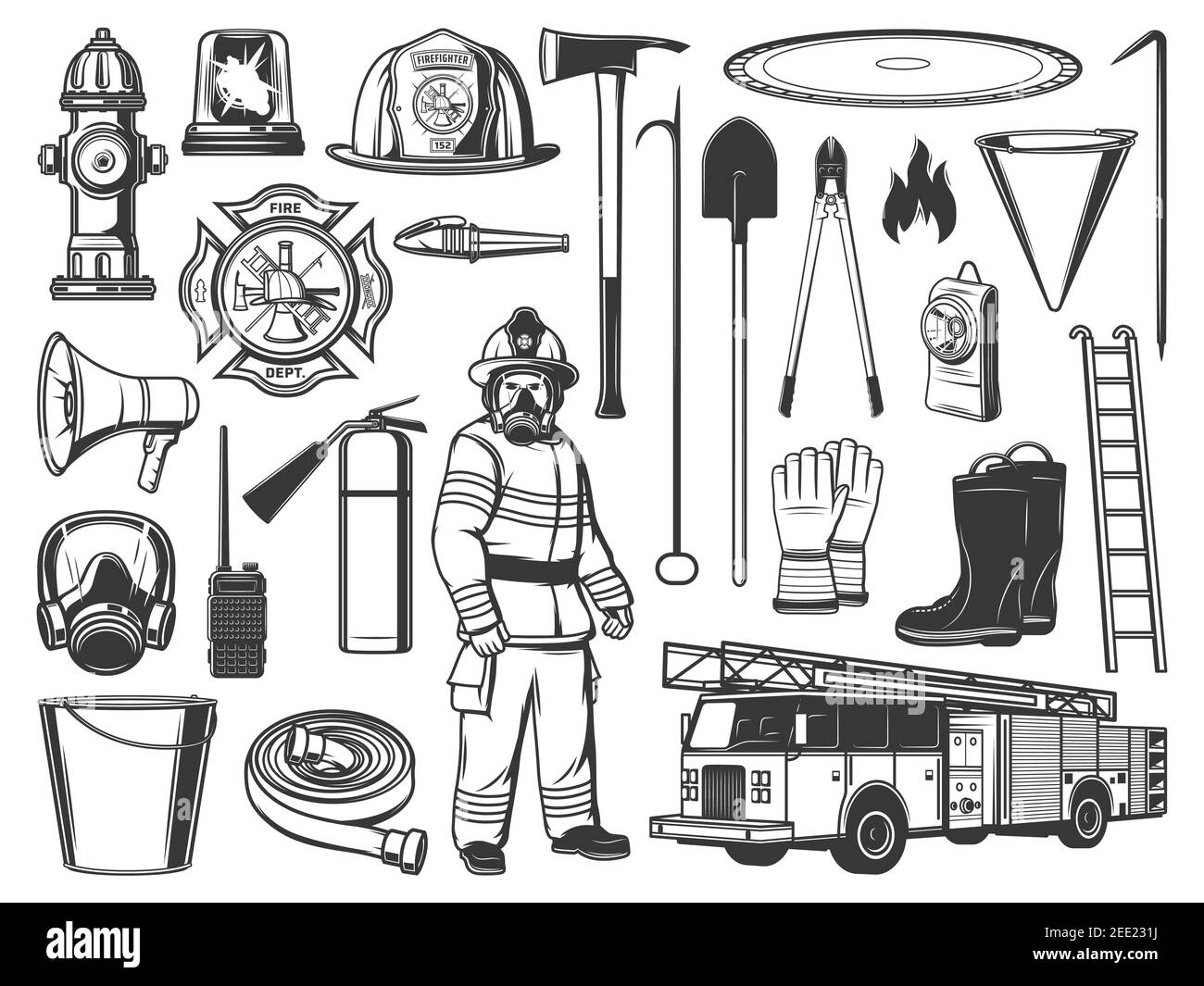 Icone incise sugli strumenti e sulle attrezzature dei vigili del fuoco. Pompiere in uniforme protettiva, casco e maschera a gas, estintore, camion antincendio e idrante, pala A. Illustrazione Vettoriale