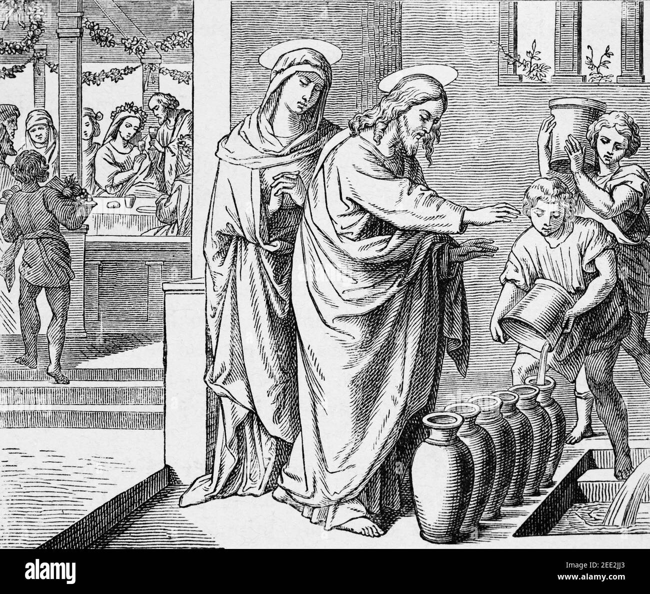 Il primo miracolo di Gesù, la trasformazione dell'acqua in vino in un matrimonio nel nuovo Testamento di Cana di Galilea, Histoire Biblique de l'´Ancien Testamento Foto Stock
