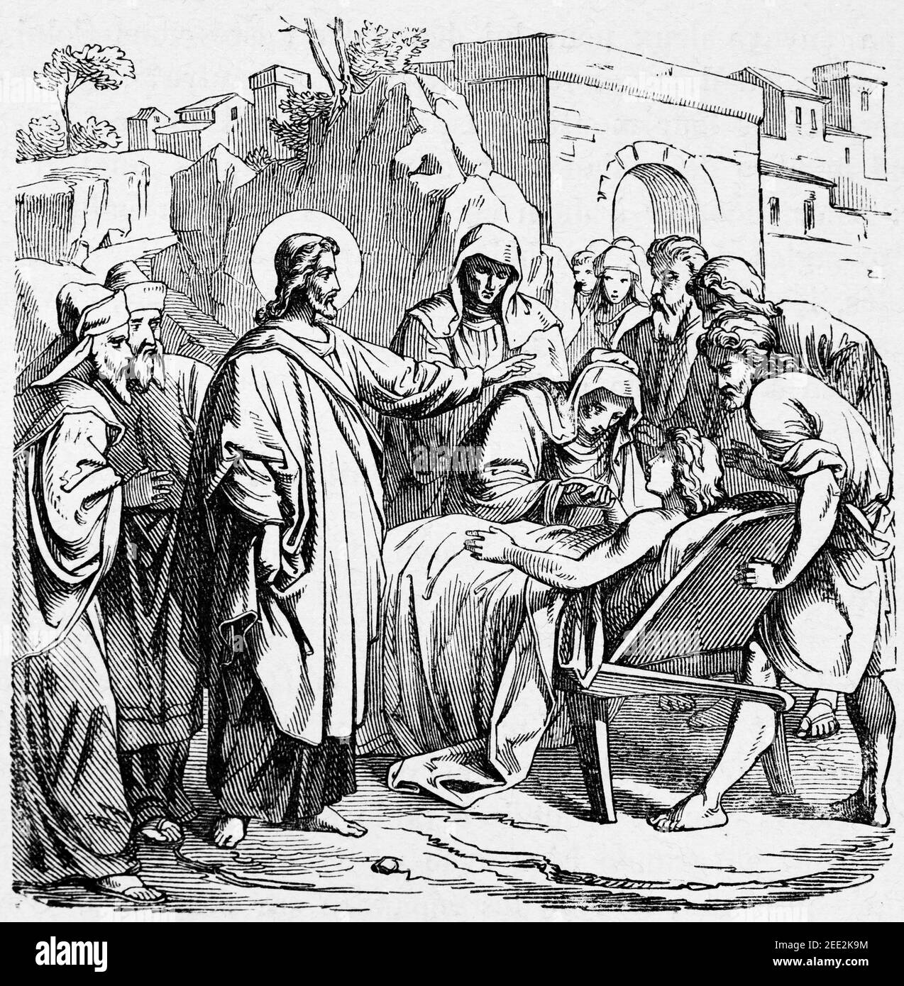Il risveglio del giovane da Nain dai morti, scena del nuovo Testamento, Histoire Biblique de L´Ancien Testamento, Foto Stock