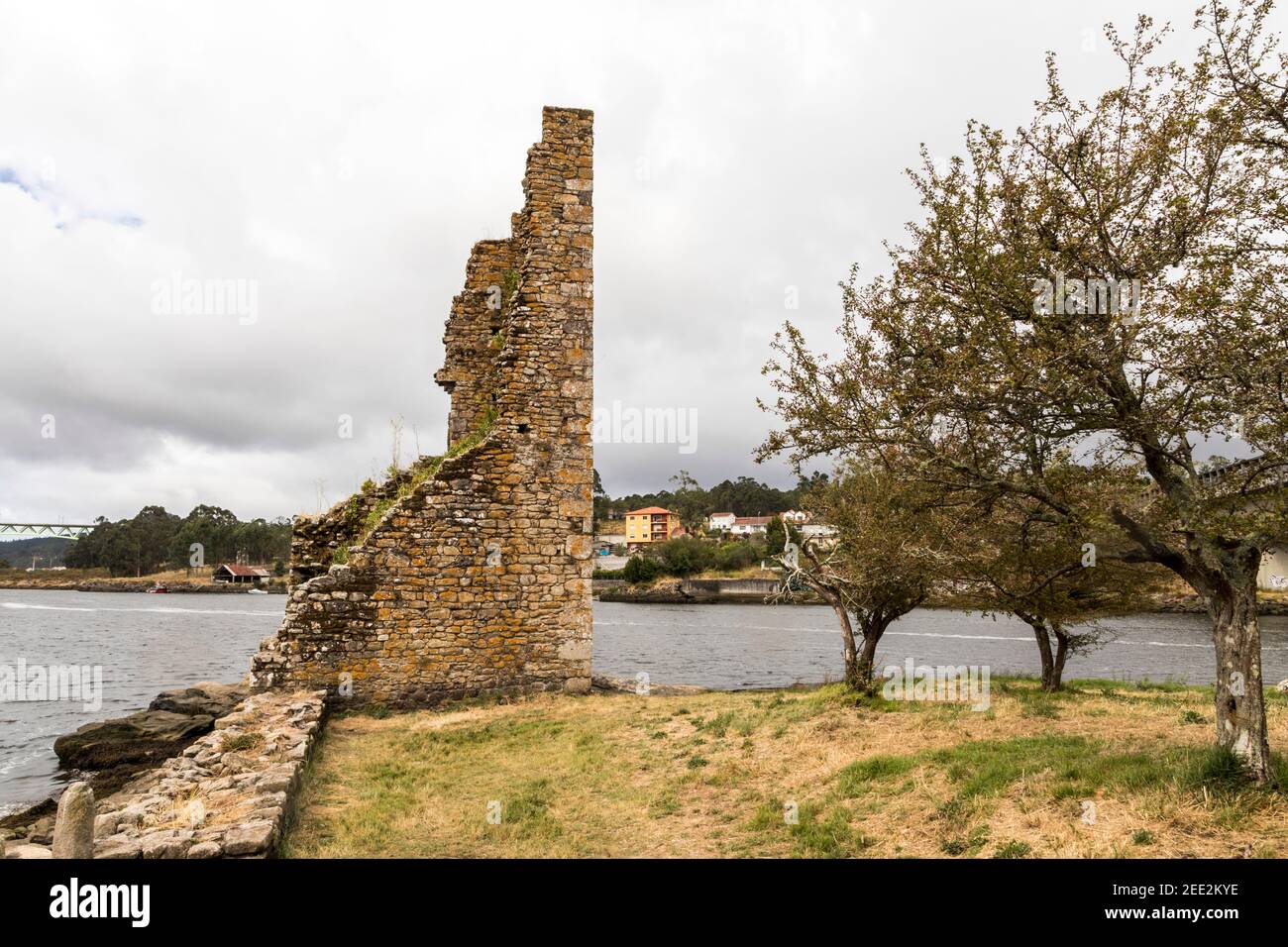 Catoira, Spagna. Le Torres de Oeste (Torri Occidentali), un complesso murato di castelli in rovina in Galizia circondato da paludi Foto Stock