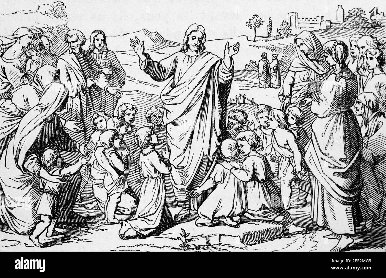 Gesù benedice i piccoli figli, scena del nuovo Testamento, Histoire Biblique de L´Ancien Testamento, Foto Stock