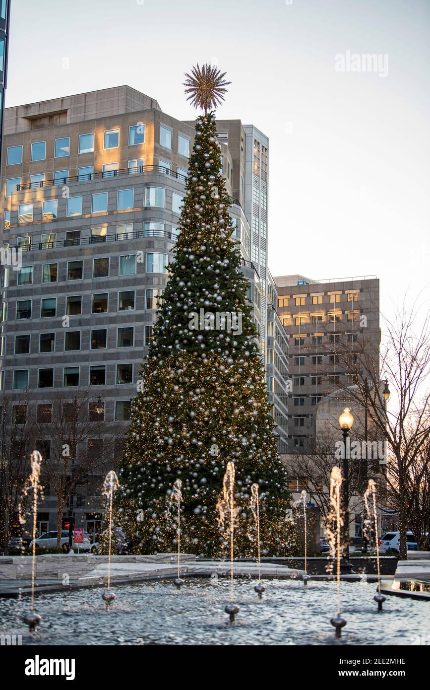 Una fontana scintilla nella luce del pomeriggio vicino ad un grande albero di Natale a Washington DC. Il centro della città è decorato con luci e ornamenti per il wi Foto Stock