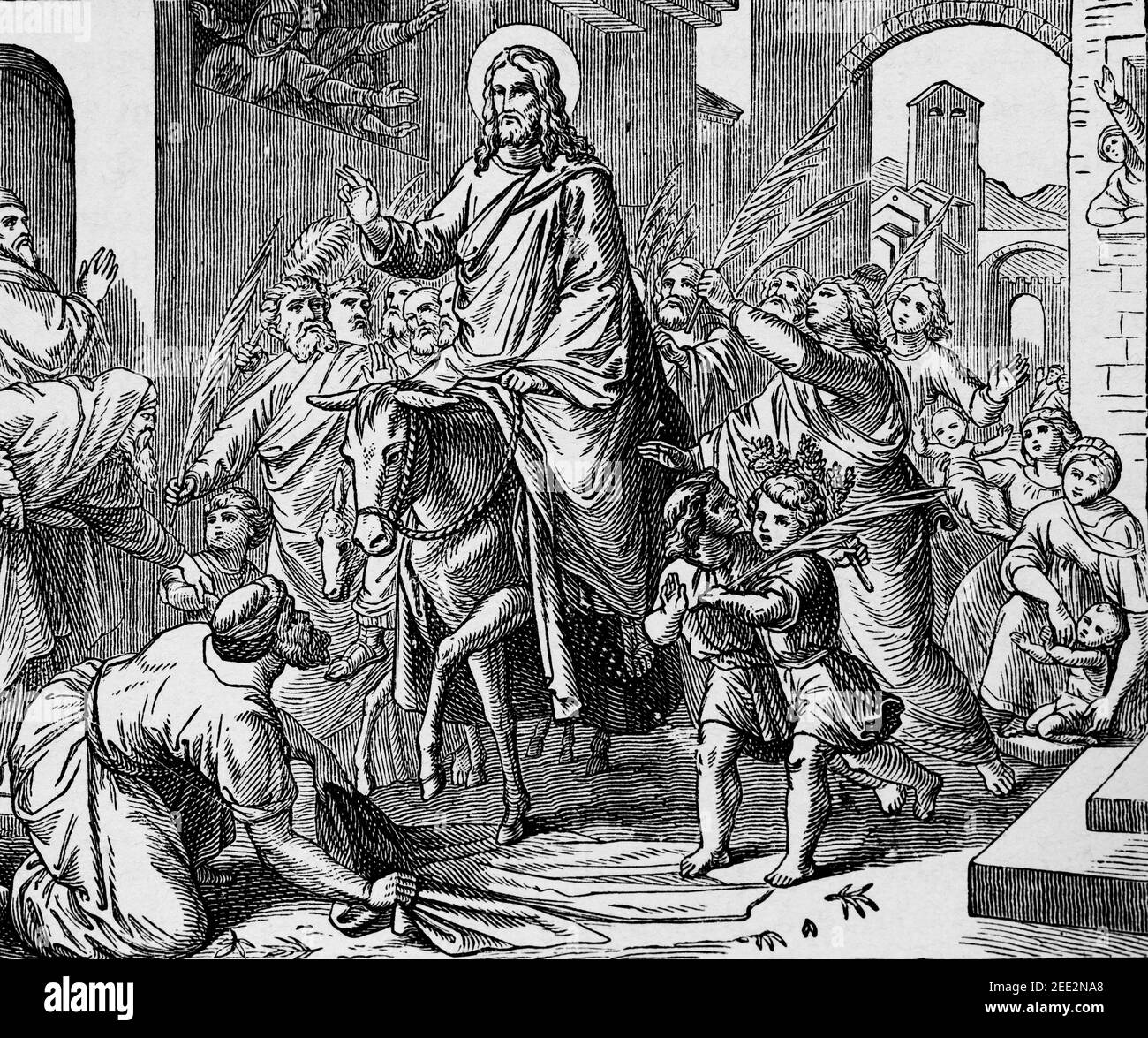 ´ trionfante ingresso a Gerusalemme in sella ad un asino, scena del nuovo Testamento, Histoire Biblique de L´Ancien Testamento, Foto Stock