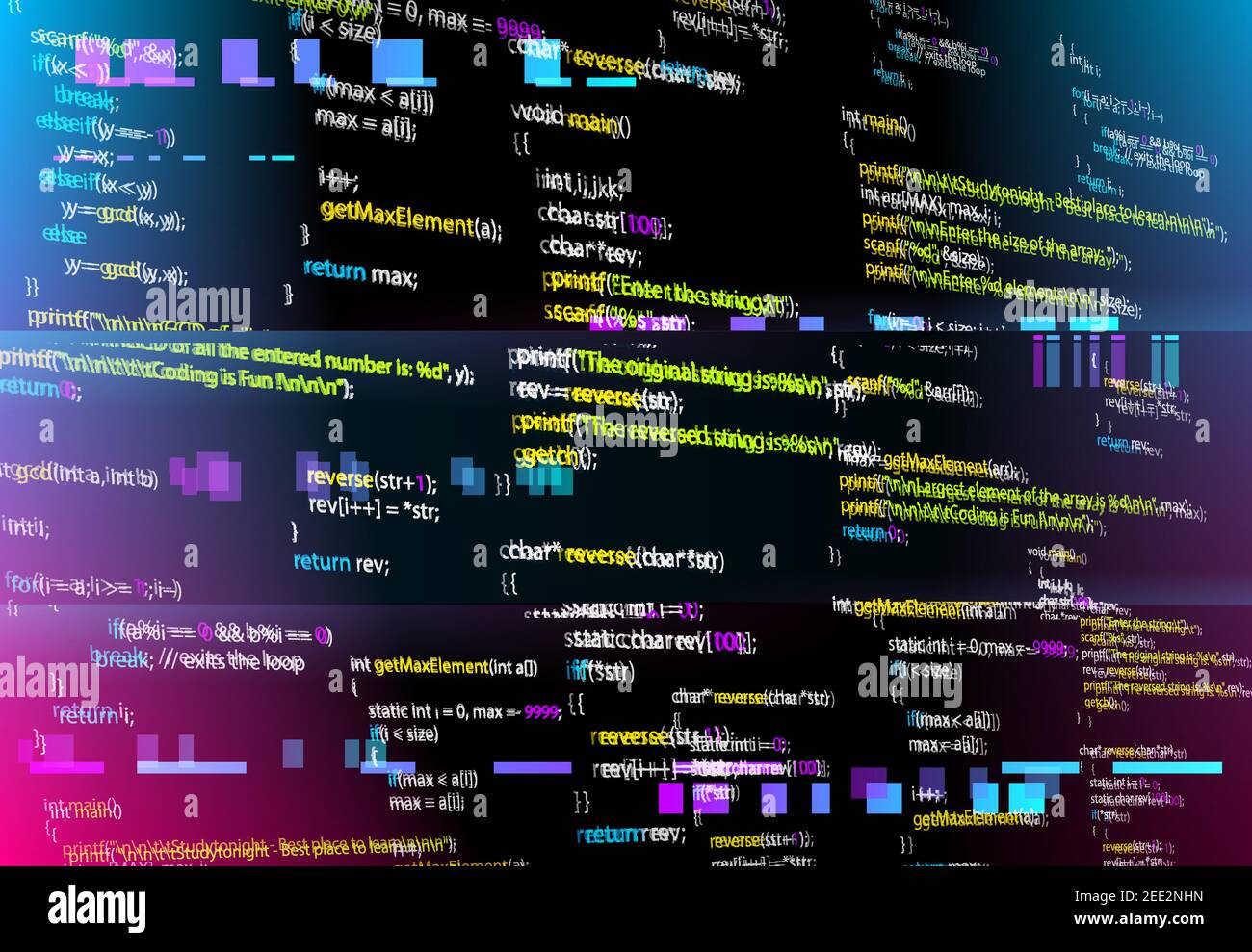 Sfondo astratto con parti di codice del programma con glitched. Vector schermo nero monitor con distorsione e effetto glitch, errore del computer o bug. Sfondo w Illustrazione Vettoriale