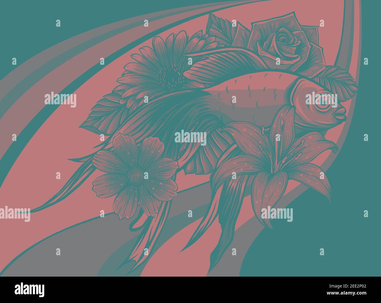 illustrazione vettoriale del pesce koi giapponese con fiore Illustrazione Vettoriale