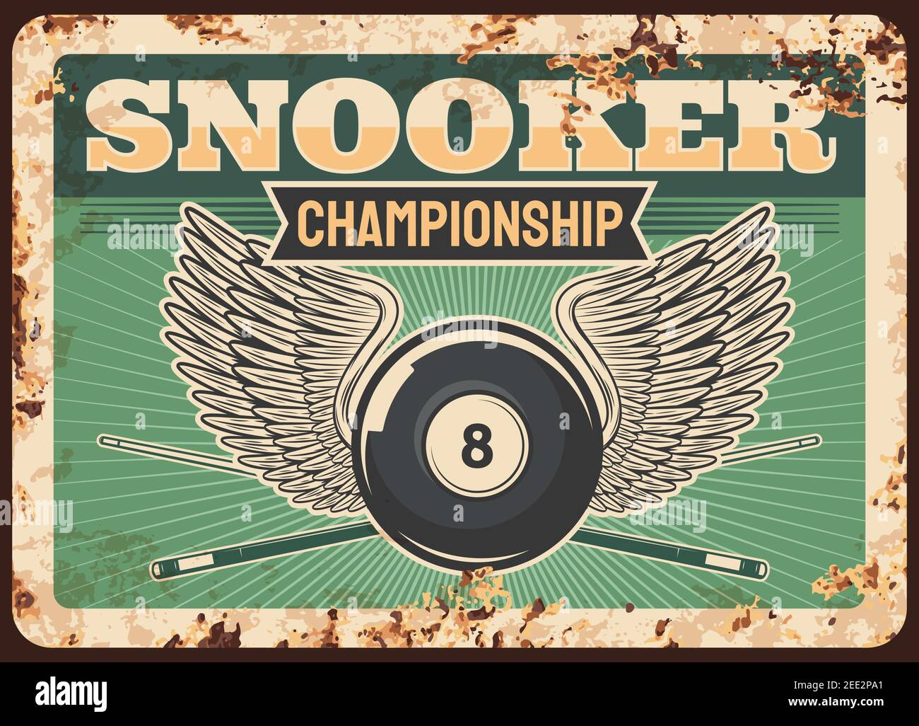 Biliardo biliardo biliardo club arrugginito piatto di metallo, palle, cue e campionato di sport da tavolo, poster vettoriale retrò. Torneo di biliardo o biliardo pool club Illustrazione Vettoriale