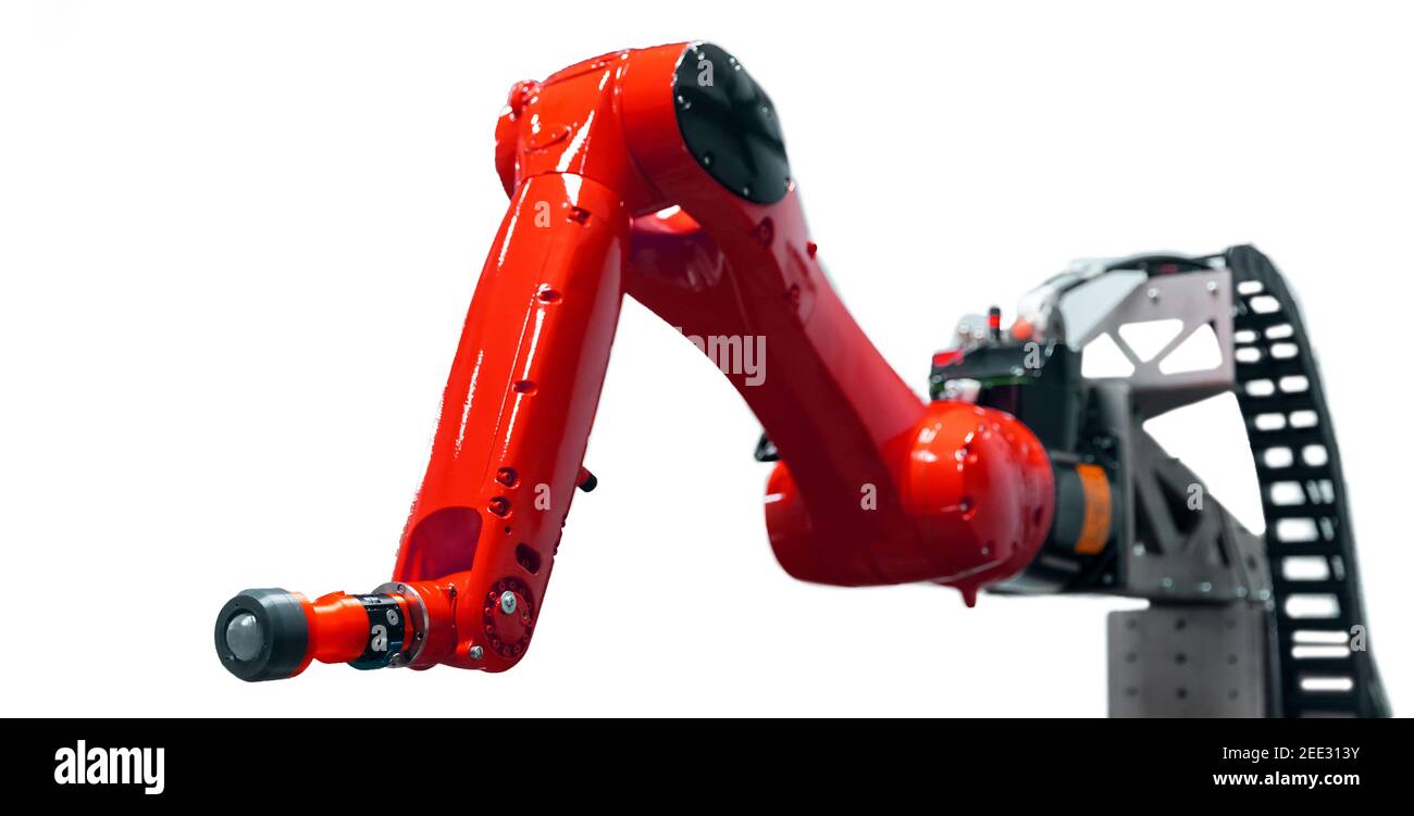 Robot manuale meccanico automatico per la programmazione. Moderna tecnologia dei bracci manipolatori industriali su sfondo bianco isolato. Foto Stock