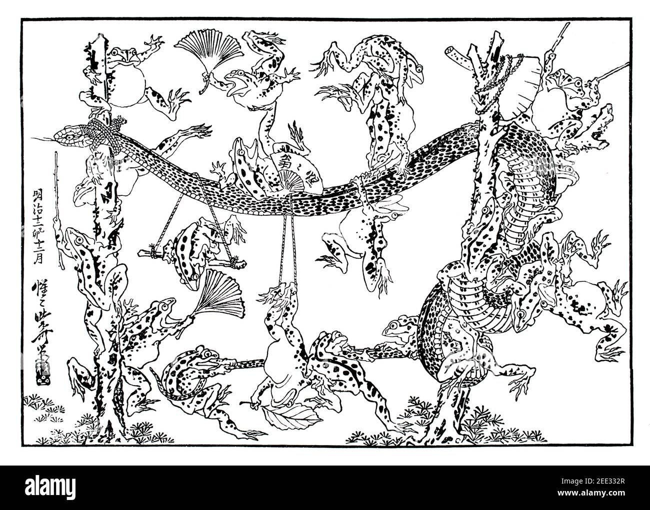 Il serpente e la linea di rane illustrazione del 1879 dipinto da artista giapponese, Kawanabe Kiosai, nel 1899 lo Studio un Illustrated Magazine of fine and Foto Stock
