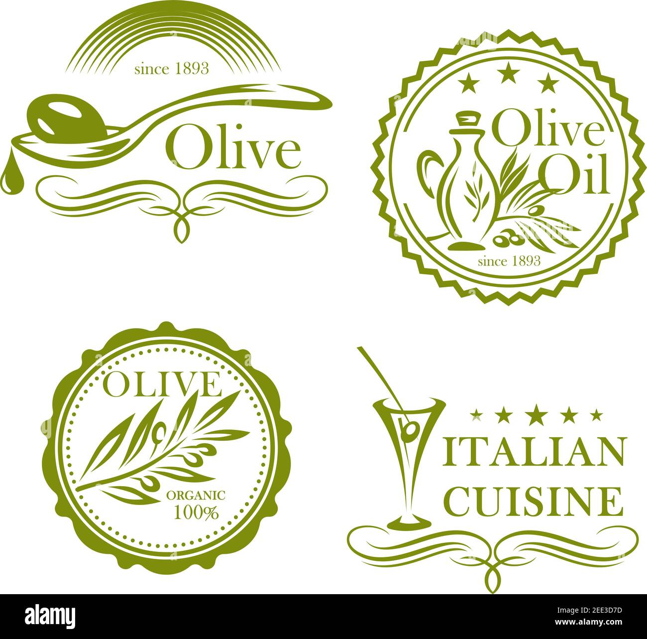 Set di etichette vettoriali per olive e prodotti a base di olio d'oliva. Icone isolate di verde oliva in bicchiere di cocktail alcolico, cucina italiana, caraffa o barattolo. ORGA Illustrazione Vettoriale