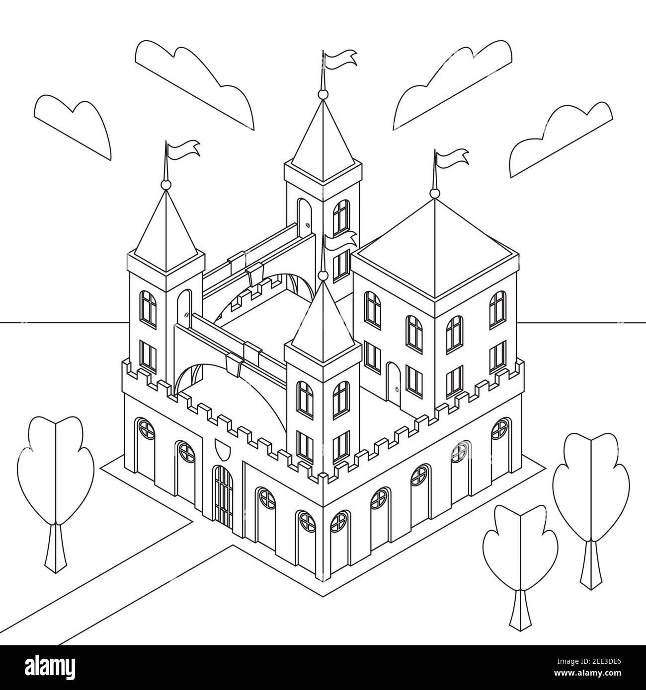 Isometria di un castello medievale fiabesco contro un paesaggio estivo. Libro da colorare. Antistress. Illustrazione vettoriale EPS10. Illustrazione Vettoriale