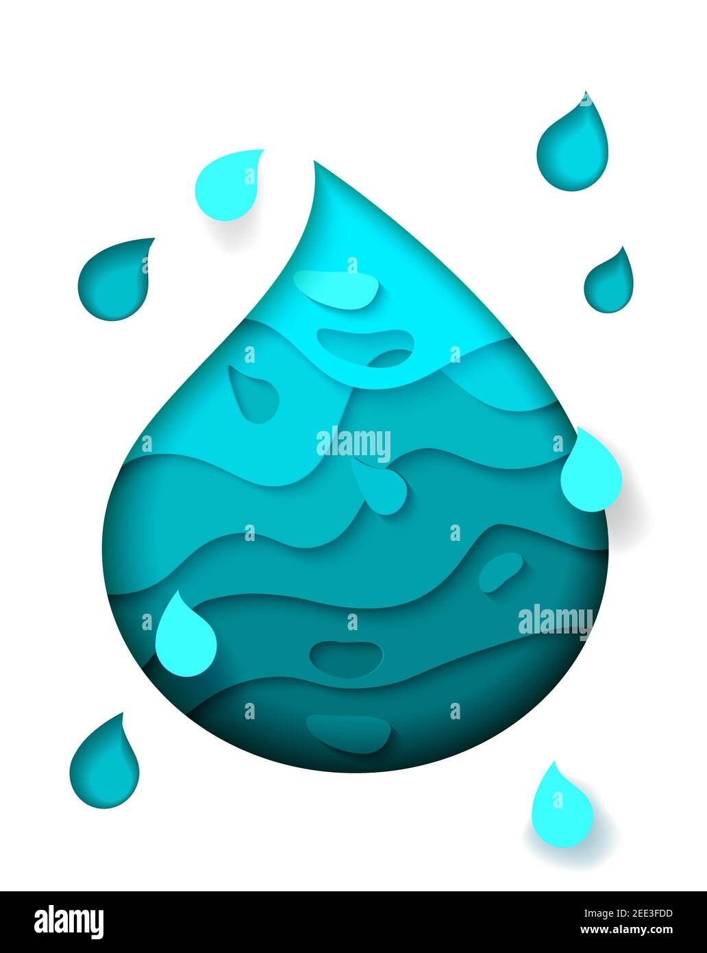 Brillante bella goccia d'acqua tagliata da carta. È possibile utilizzare un banner o un poster. Salva acqua terra ricurses. Illustrazione vettoriale. Illustrazione Vettoriale