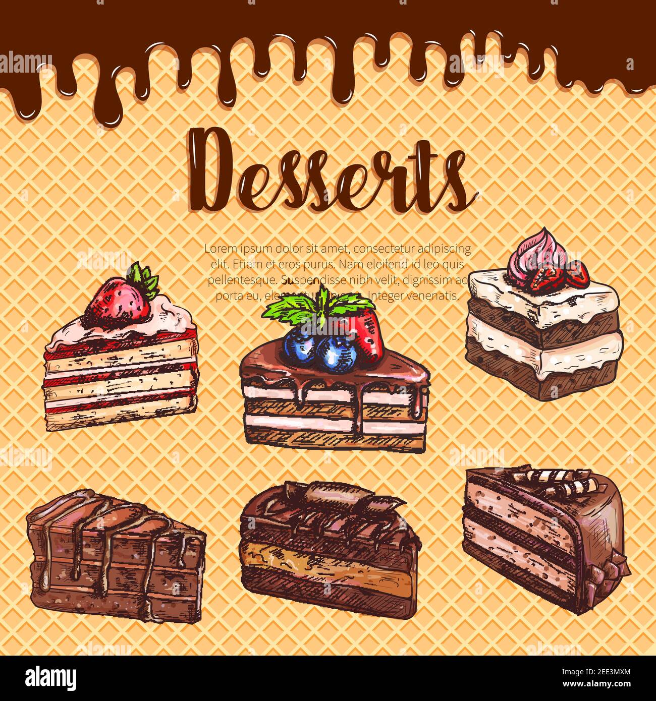 Dessert da forno e torte poster vettoriale di schizzo. Pasticceria biscotto dolce cheesecake, torta brownie al cioccolato e torte charlotte con crema di ciliegie e frutti di bosco Illustrazione Vettoriale