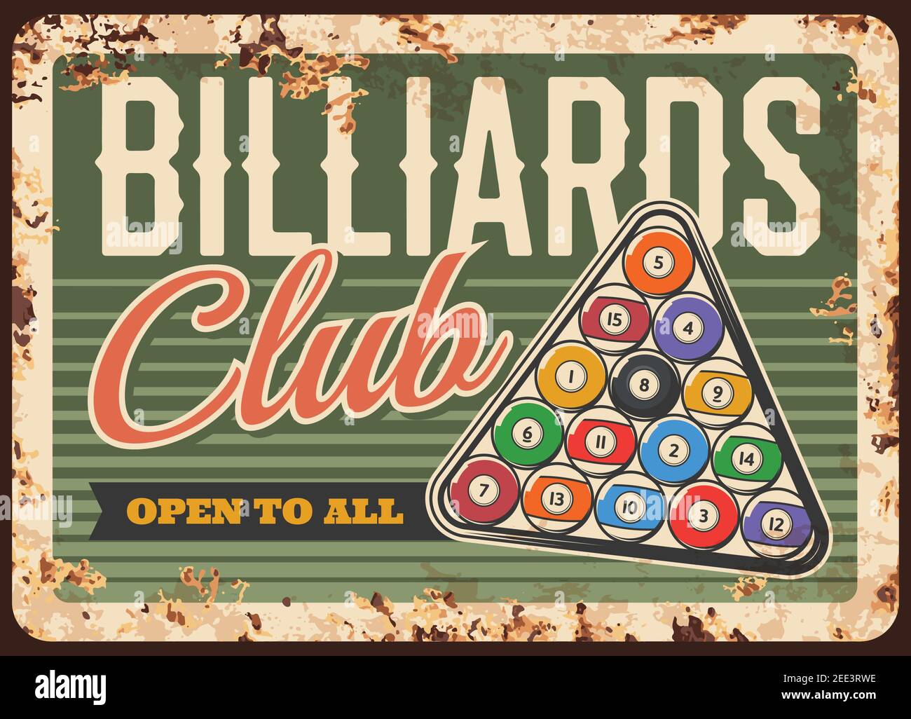 Biliardo biliardo biliardo snooker club, metallo piatto arrugginito o vettore retro poster con palle in triangolo sul tavolo. Biliardo piscina torneo di biliardo club e comp Illustrazione Vettoriale