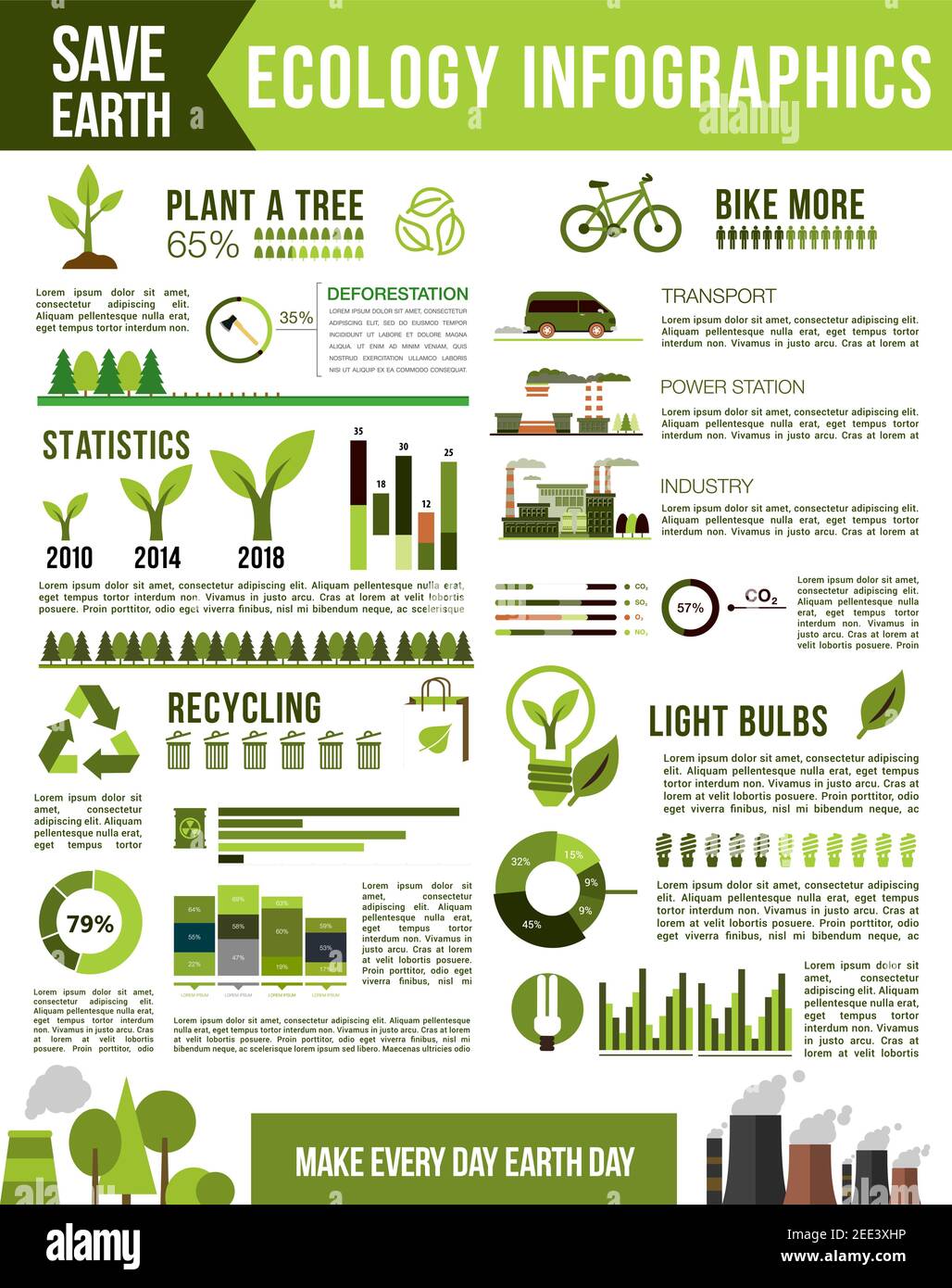 Infografica sull'ecologia e la conservazione della natura. Inquinamento atmosferico da veicoli, industria e impianto elettrico infochart, lampadina a risparmio energetico e riciclo sta Illustrazione Vettoriale