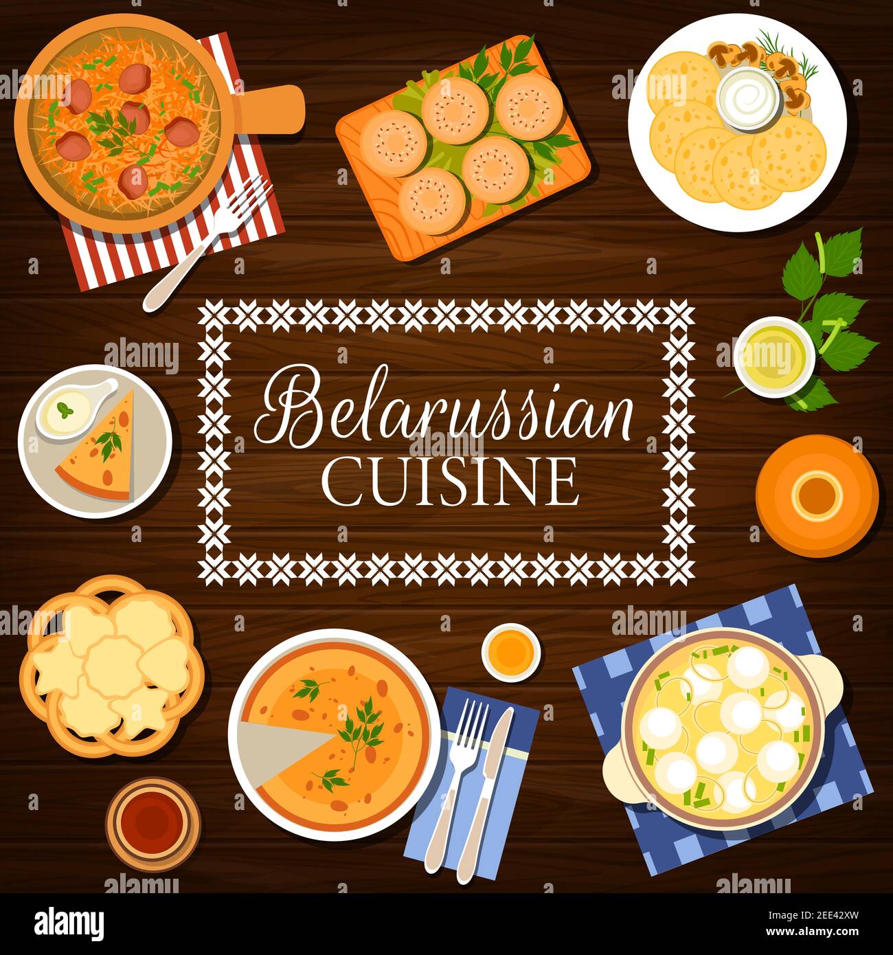 Cucina bielorussa, piatti bielorussi copertura menu per ristorante, vettore. Bielorussia cibo tradizionale, cena e pranzo pasti, dessert e torte, po Illustrazione Vettoriale