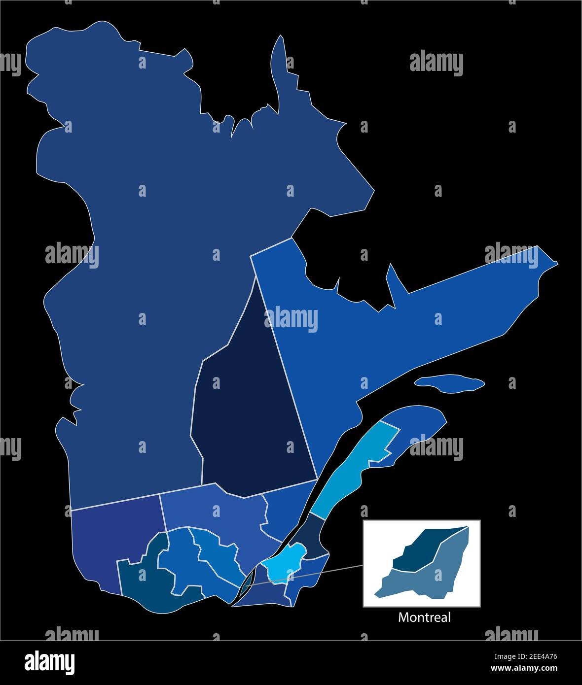 Provincia di Québec mappa con contee frontiere area amministrativa Illustrazione Vettoriale