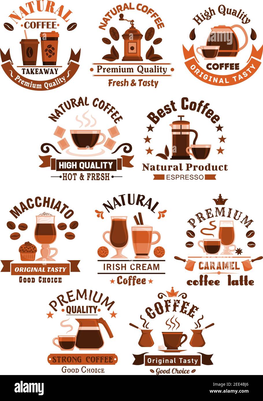 Caffetteria, caffè e caffè icone vettoriali. Simboli di caffè e fagioli, tazze di espresso forte, frappe americano o cioccolato con biscotti Illustrazione Vettoriale