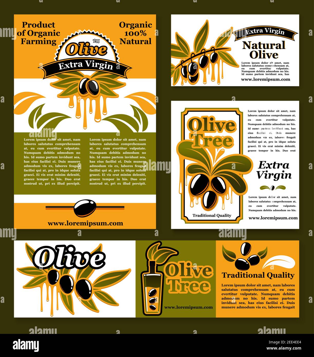 Prodotti oleosi e prodotti biologici striscioni e manifesti. Disegno vettoriale del ramo delle olive nere e dell'olio extravergine d'oliva verde informazioni nutrizionali Illustrazione Vettoriale