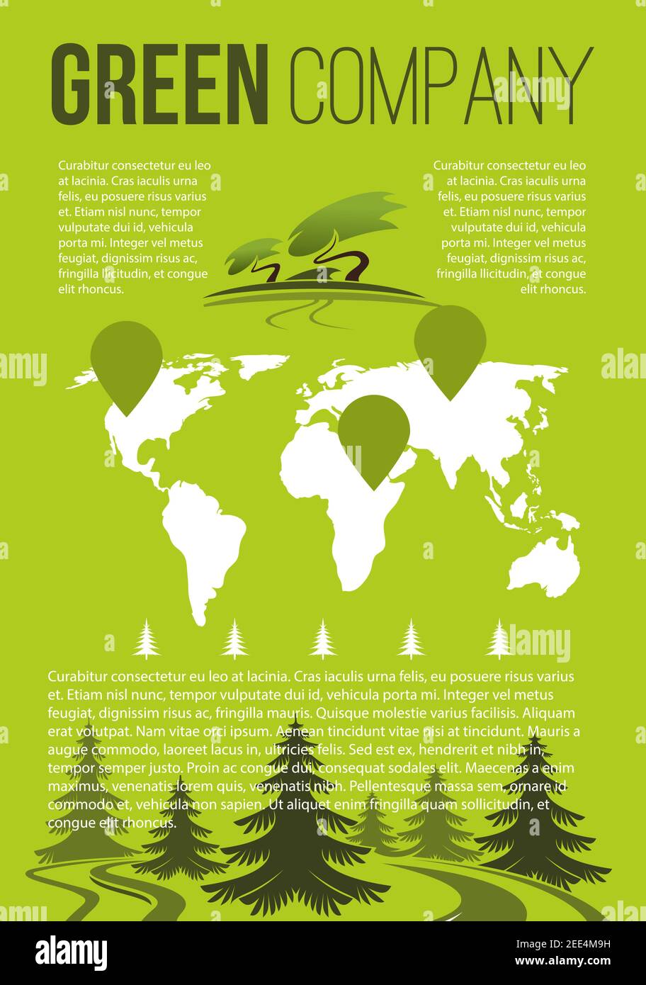 Modello di brochure aziendale per la natura e l'ambiente ecologico. Vettore  alberi di foresta e giardini di parco verde in mappa del mondo per il  giardinaggio o piantare infog Immagine e Vettoriale -