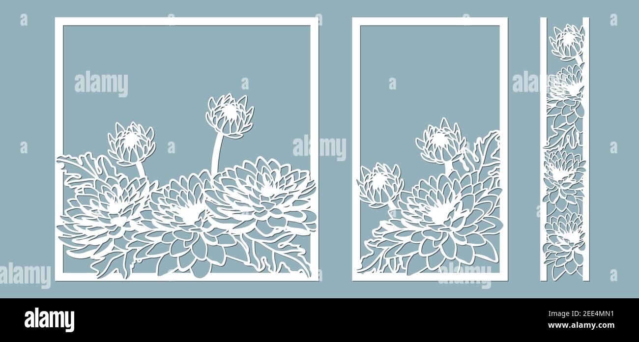 Crisantemi. Set dima per taglio laser e Plotter. Fiori, foglie per decorazione. Illustrazione vettoriale. Set adesivi fiori. Plotter e. Illustrazione Vettoriale