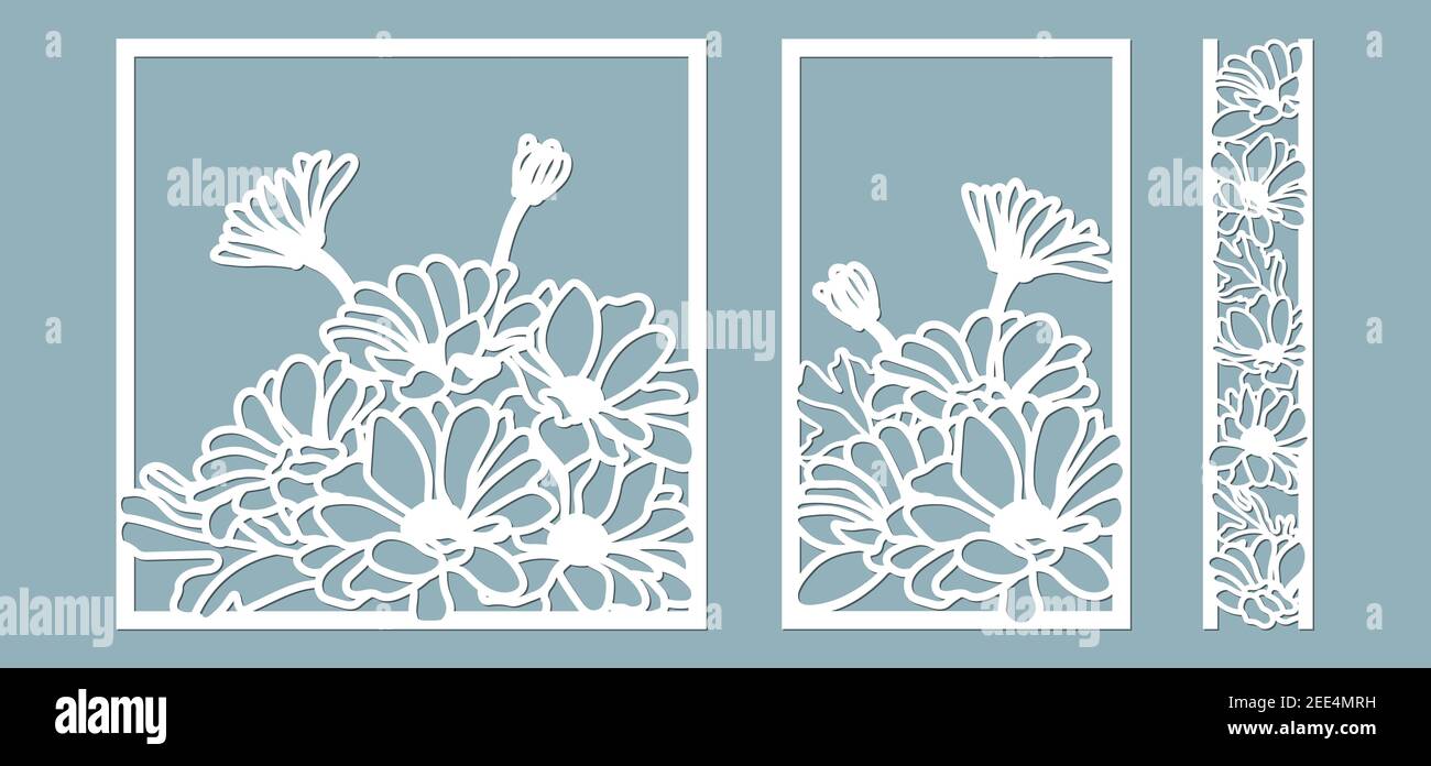 Crisantemi. Set dima per taglio laser e Plotter. Fiori, foglie per decorazione. Illustrazione vettoriale. Set adesivi fiori. Plotter e. Illustrazione Vettoriale