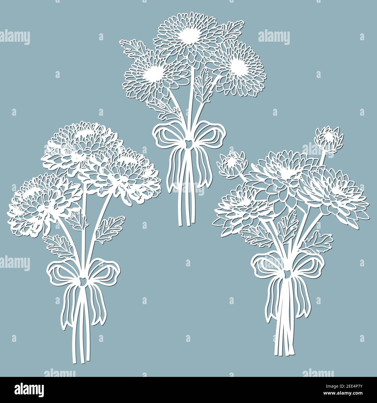 Crisantemi. Set dima per taglio laser e Plotter. Fiori, foglie per decorazione. Illustrazione vettoriale. Set adesivi fiori. Plotter e. Illustrazione Vettoriale