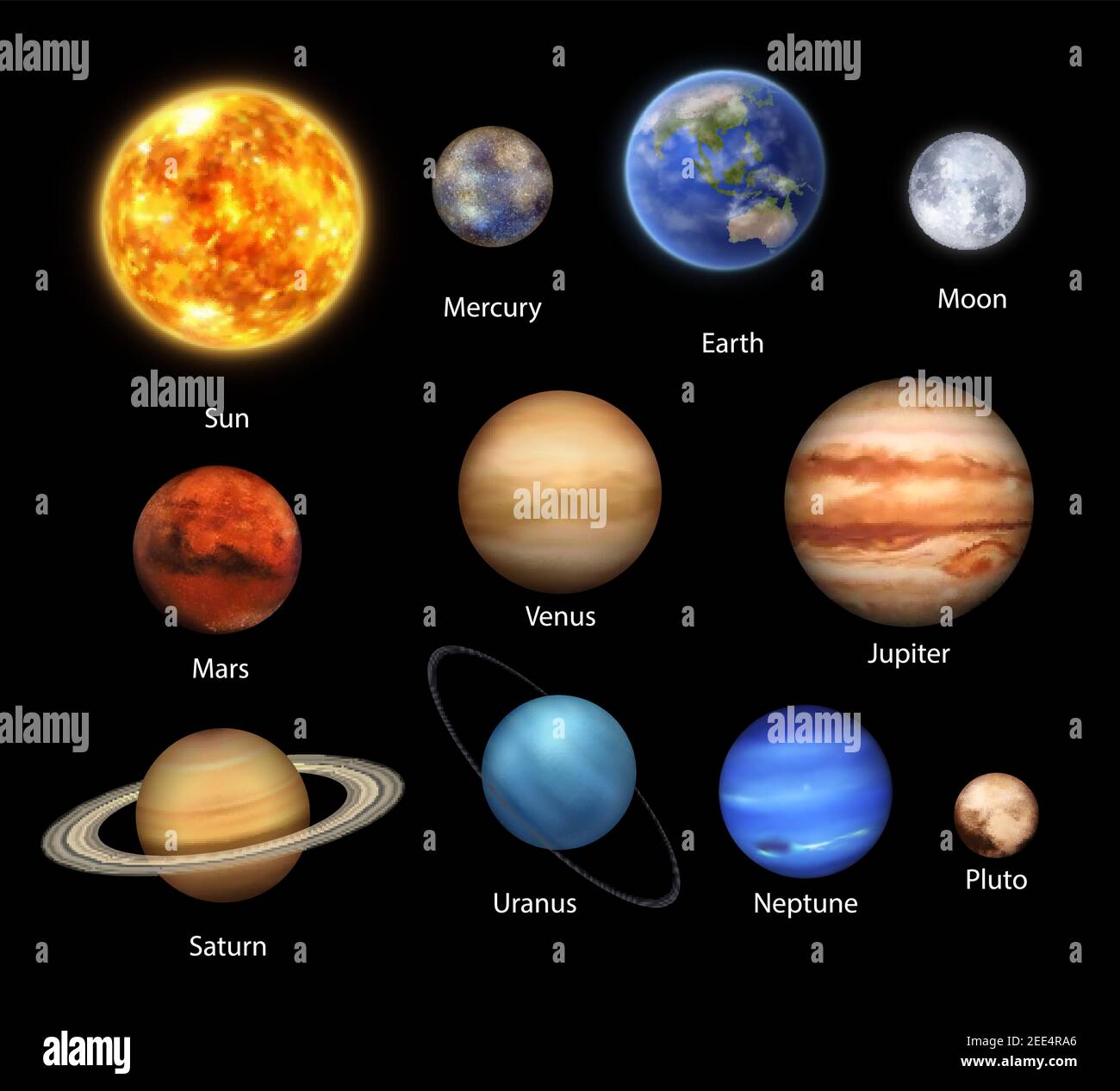 Pianeti del sistema solare insieme realistico di spazio vettoriale, disegno  astronomico. Universe galassia pianeti e stelle, Terra, Sole, Mercurio e  Giove, Saturno e Immagine e Vettoriale - Alamy