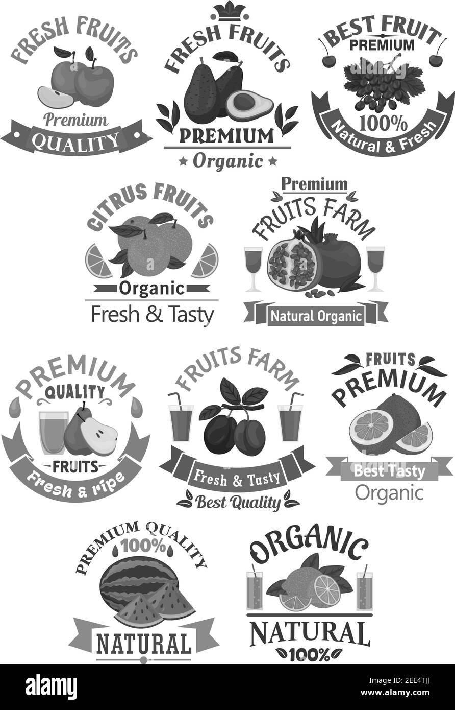 Frutta per succo fresco biologico di avocado e mela, uva e arancia. Negozio di fattoria melograno succoso e pera o susina, anguria e pomelo o limone f Illustrazione Vettoriale