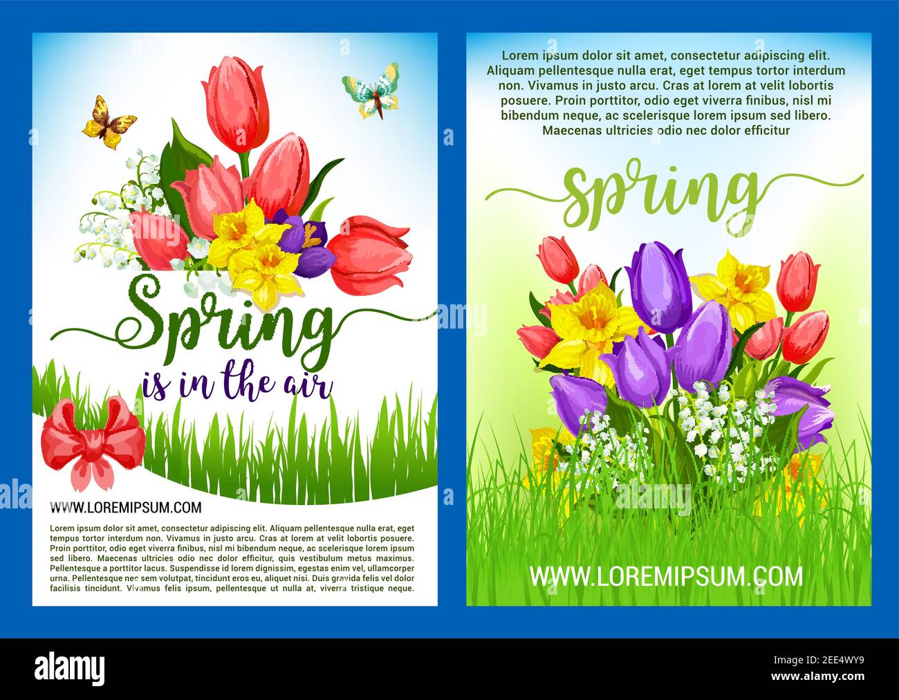 Ciao primavera saluto poster vettore vacanza disegno dei fiori primavera. Bouquet in fiore e corona di tulipani, narcisi o cocci, narcisi e. Illustrazione Vettoriale