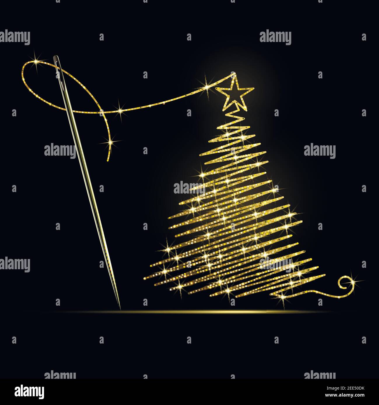 ago da cucire con ricamo in filo d'oro a forma di Un albero di Natale su sfondo nero Illustrazione Vettoriale
