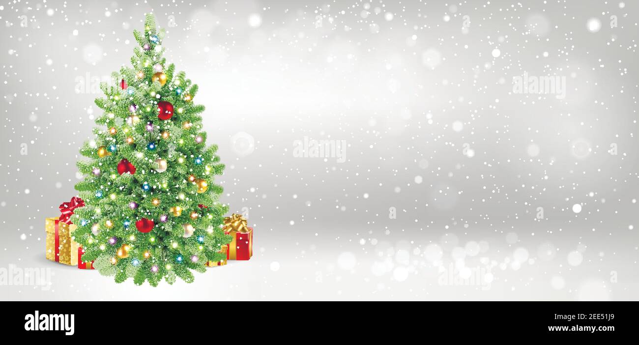 Banner di congratulazioni con albero di Natale e regali Illustrazione Vettoriale