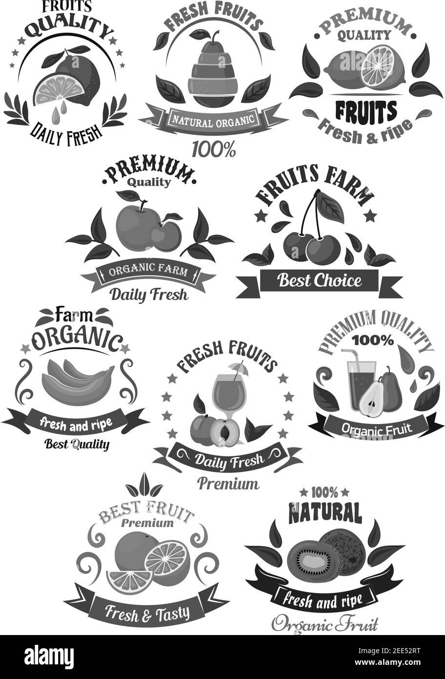 Icone di frutta per succo o etichetta di mercato dei prodotti agricoli. Arancio, limone e ciliegia, banana, kiwi e ananas, pera, pesca e mela. Etichette vettoriali in vetro Illustrazione Vettoriale