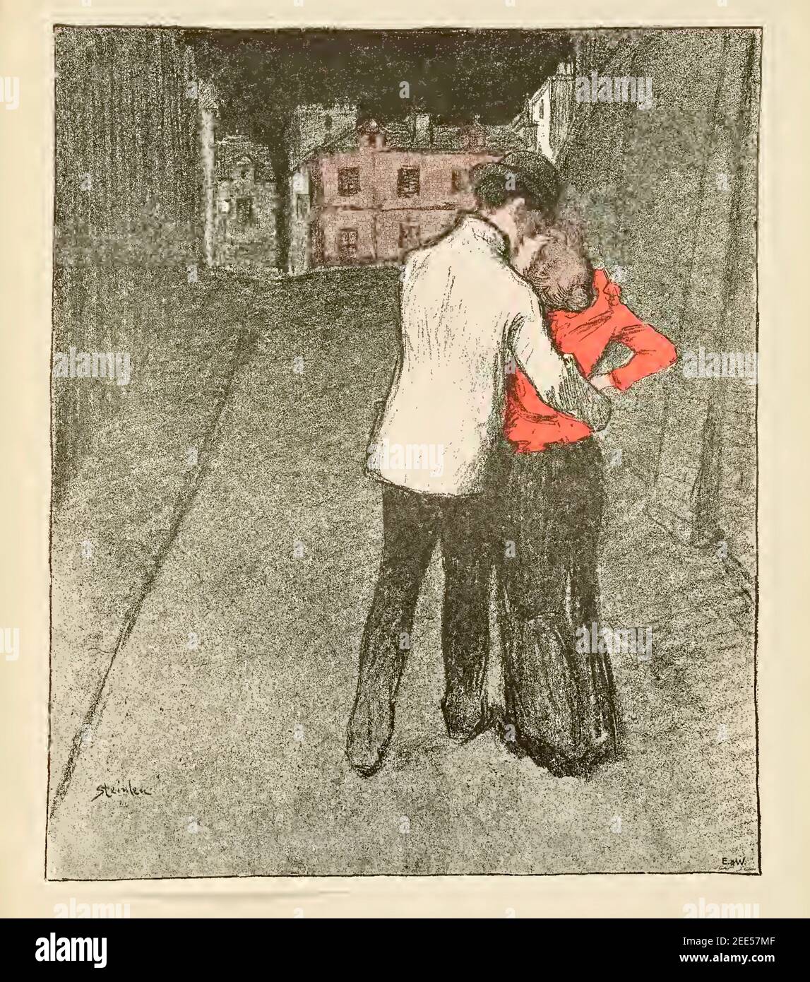 Suburban Love di Theophile Steinlen. Una coppia tradizionale abbraccio in strada Foto Stock