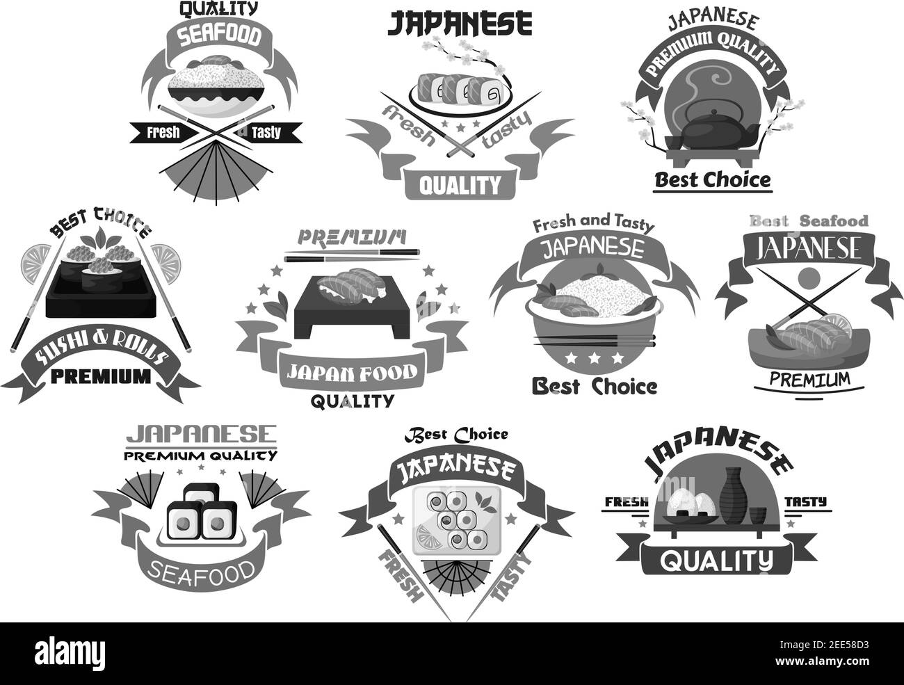 Sushi bar e ristorante giapponese di pesce icone premium per menu. Serie vettoriale di sashimi di salmone, involtini di caviale e gamberi o gamberi di tempura. Simboli di g Illustrazione Vettoriale