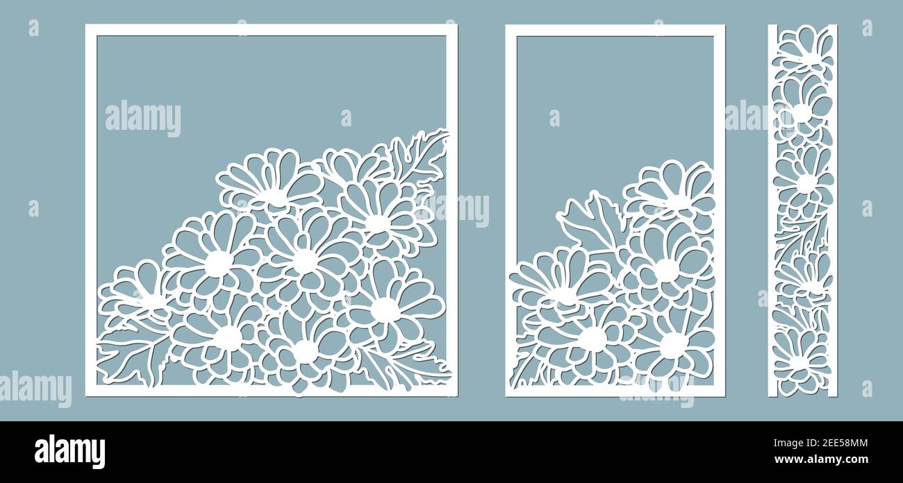 Crisantemi. Set dima per taglio laser e Plotter. Fiori, foglie per decorazione. Illustrazione vettoriale. Set adesivi fiori. Plotter e. Illustrazione Vettoriale