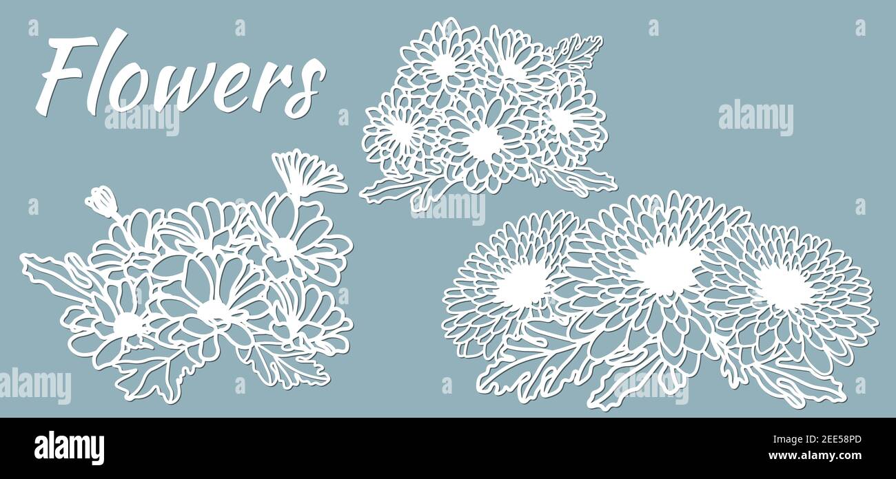 Crisantemi. Set dima per taglio laser e Plotter. Fiori, foglie per decorazione. Illustrazione vettoriale. Set adesivi fiori. Plotter e. Illustrazione Vettoriale