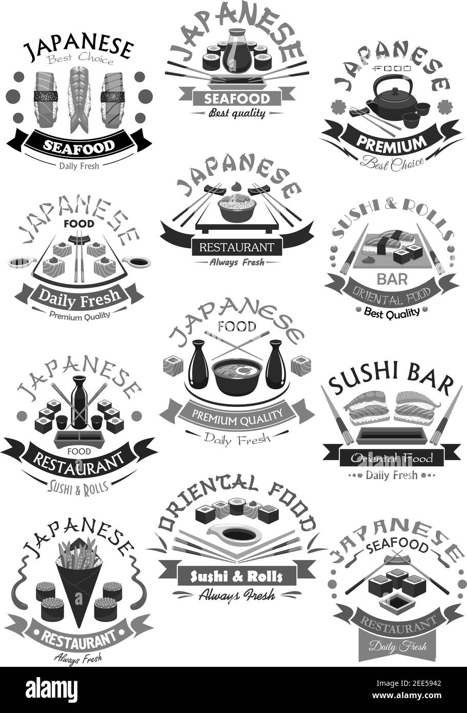 Il menu del sushi bar Giapponese propone delle icone di panini di pesce, sashimi di salmone e riso al vapore, gamberi o tempura di gamberi, salsa di soia con chopsticks e tisana verde. Illustrazione Vettoriale