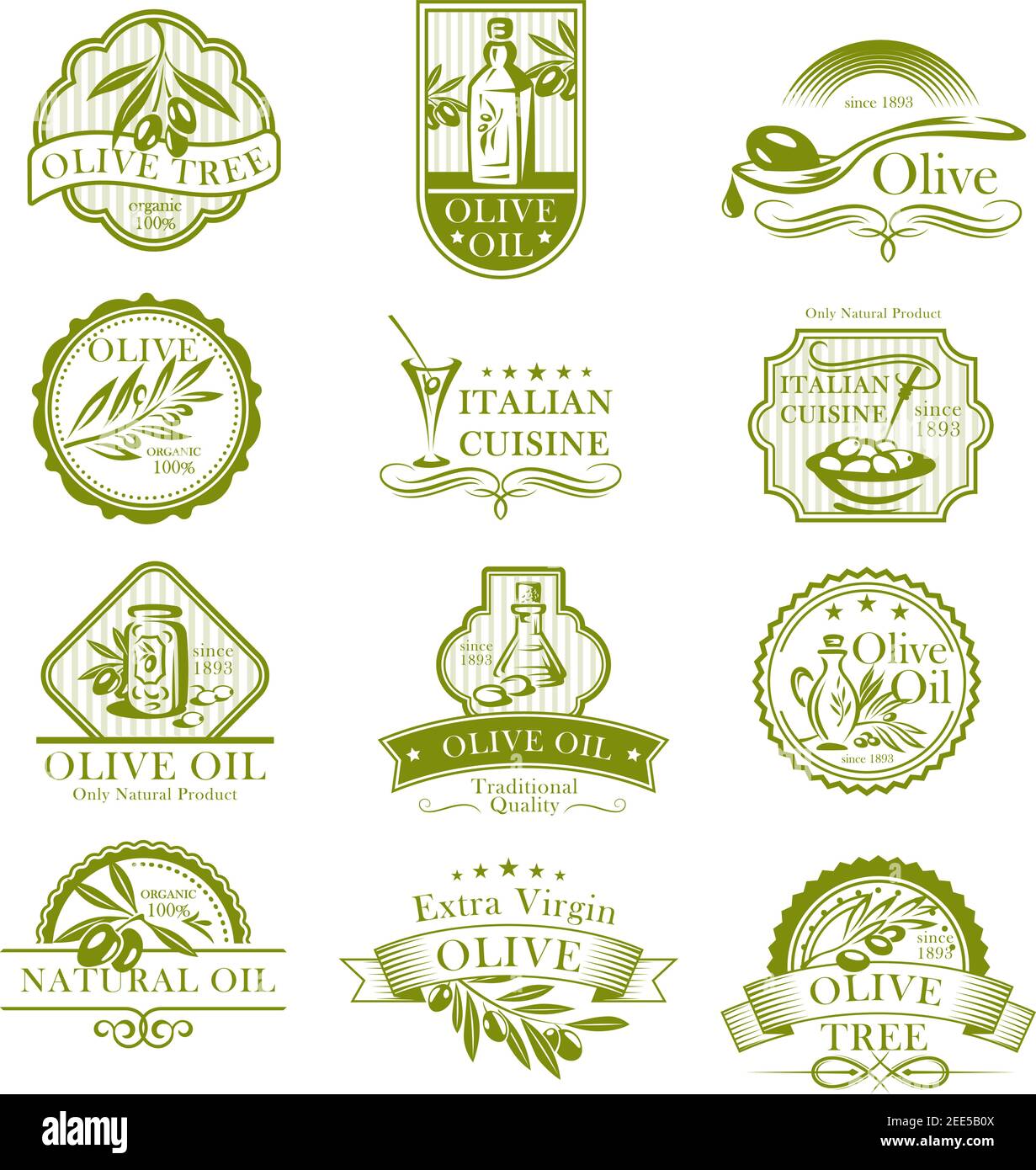 Set di icone vettoriali per olio d'oliva e etichette di olive fresche per la cucina italiana o prodotti d'oliva, elemento di design per il confezionamento. Simboli vettoriali per organici naturali Illustrazione Vettoriale