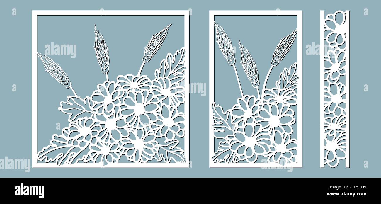 Crisantemi. Set dima per taglio laser e Plotter. Fiori, foglie per decorazione. Illustrazione vettoriale. Set adesivi fiori. Plotter e. Illustrazione Vettoriale