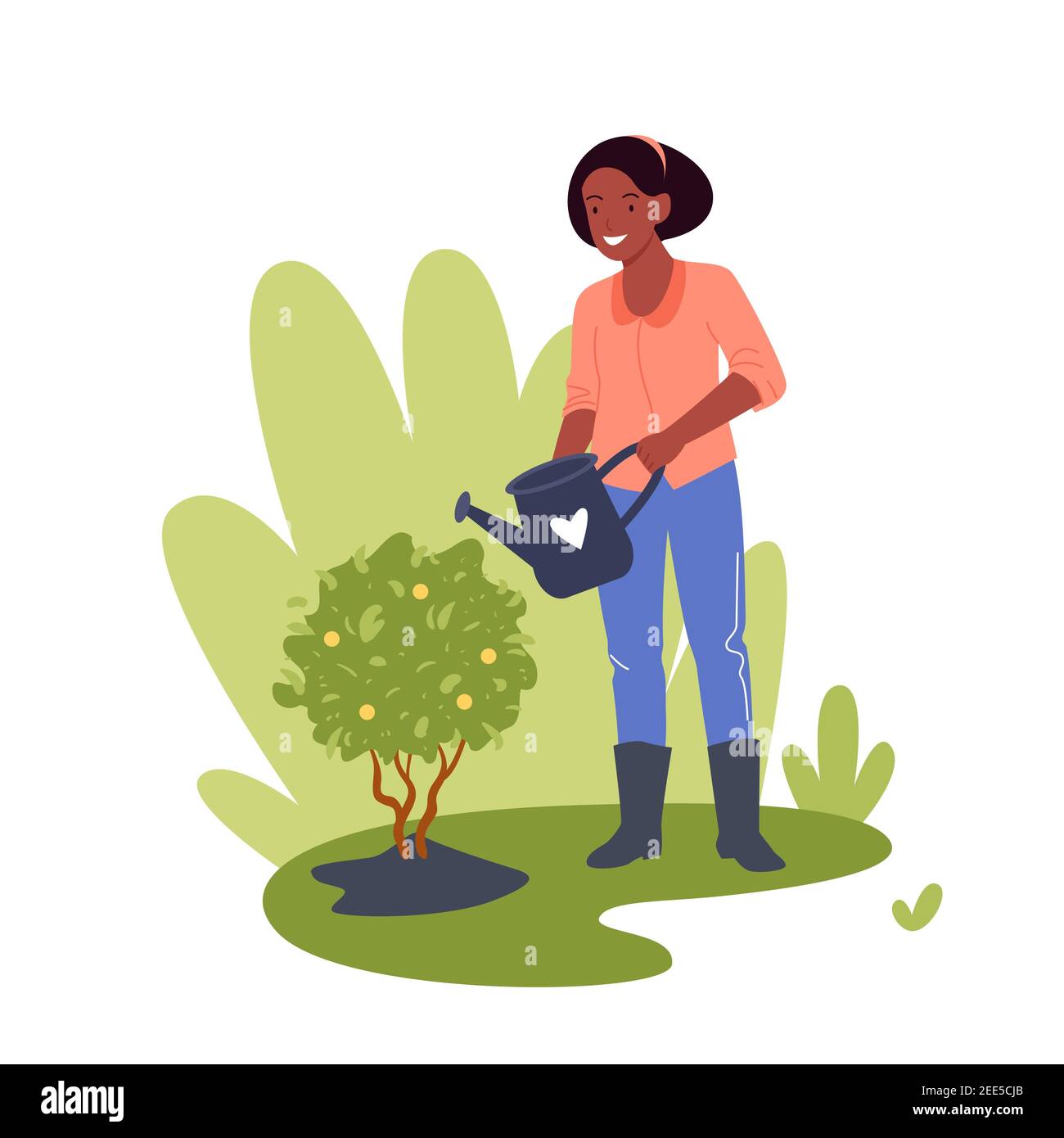 La gente lavora in giardino, donna lavoratrice di giardinaggio che fa giardinaggio annaffiando l'albero del limone Illustrazione Vettoriale