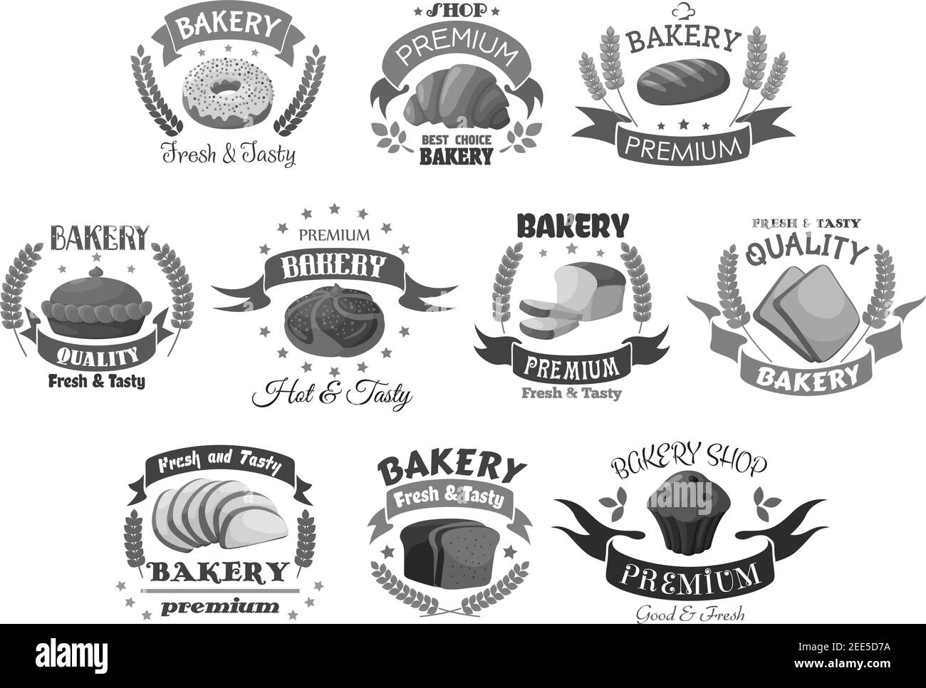 Icone di panetteria Set di pane e dolci o dolci da dessert. Panini e loafs di frumento o toast di pane di segala, muffin al cioccolato e pasticceria di ciambelle o cupcake, c Illustrazione Vettoriale
