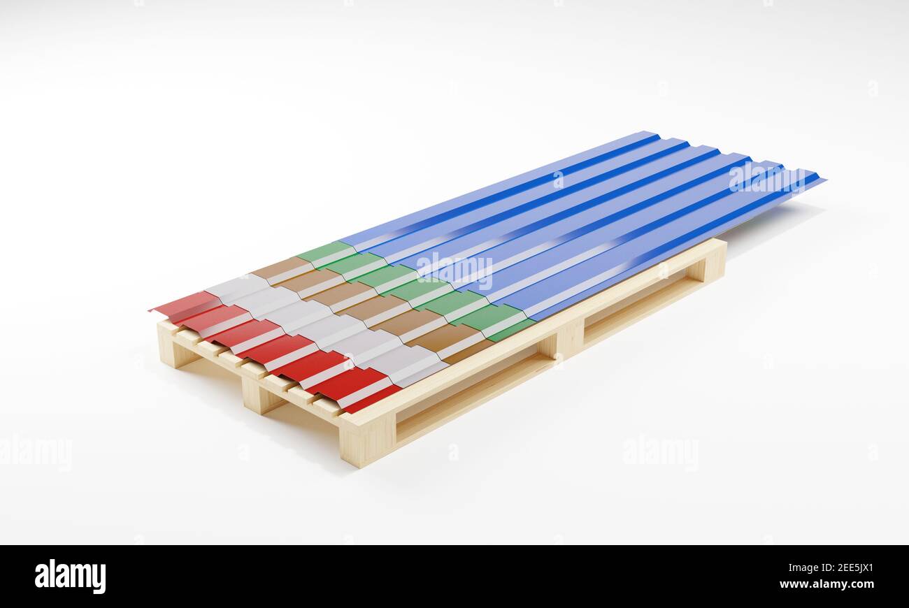 Rendering 3D di un pannello profilato metallico su pallet in l'assortimento di cinque colori popolari isolati su un bianco Sfondo.Illustrazione di un'immagine digitale Foto Stock