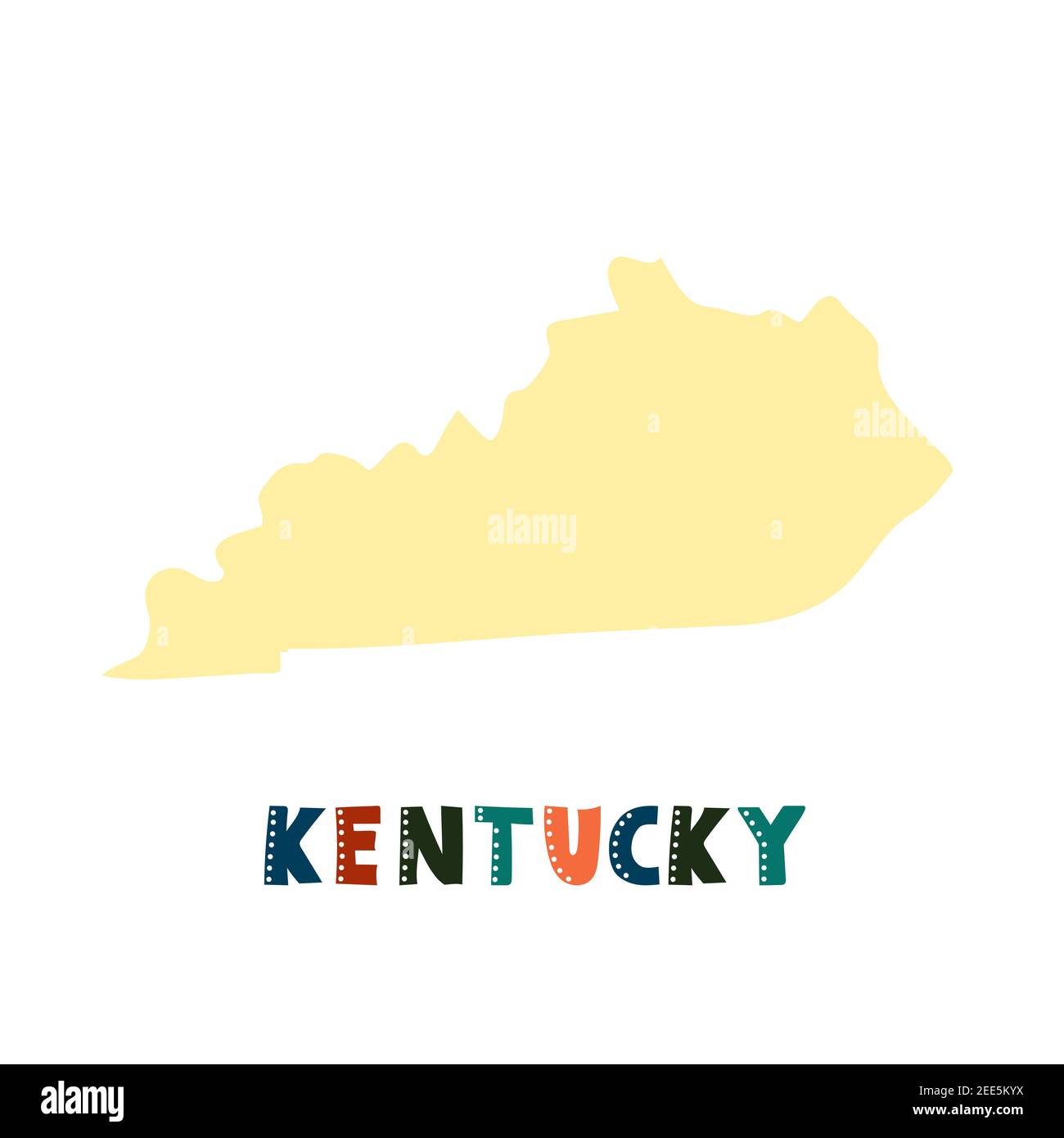 Mappa del Kentucky isolata. Collezione USA. Mappa del Kentucky - silhouette gialla. Scritta doodling su bianco Illustrazione Vettoriale