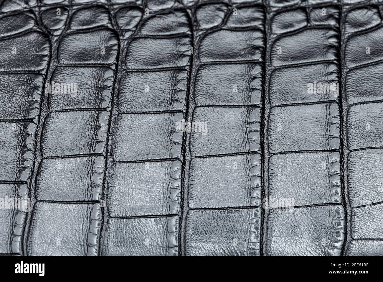 tessuto in pelle nera con motivo quadrato di pelle di coccodrillo scuro primo piano sfondo per il design e la decorazione, nessuno. Foto Stock