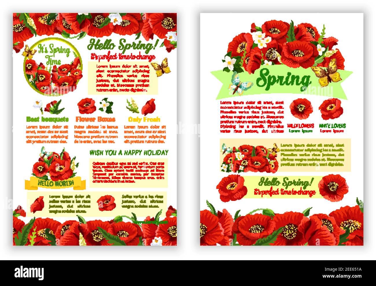 Ciao poster primavera con bouquet floreali vettoriali. Fiori di papavero in fiore rosso e primavera fioriscono fiori di gelsomino o boccioli di giglio con farfalle e. Illustrazione Vettoriale