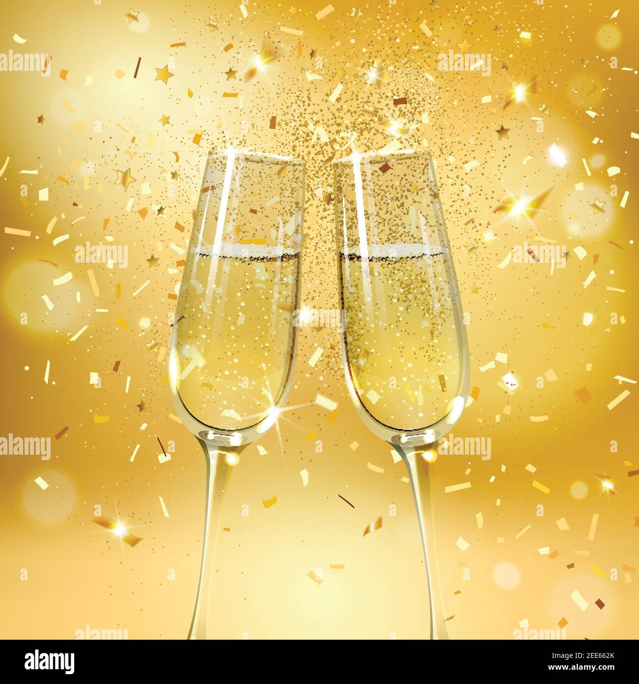 bicchieri di champagne su sfondo oro con confetti d'oro Illustrazione Vettoriale