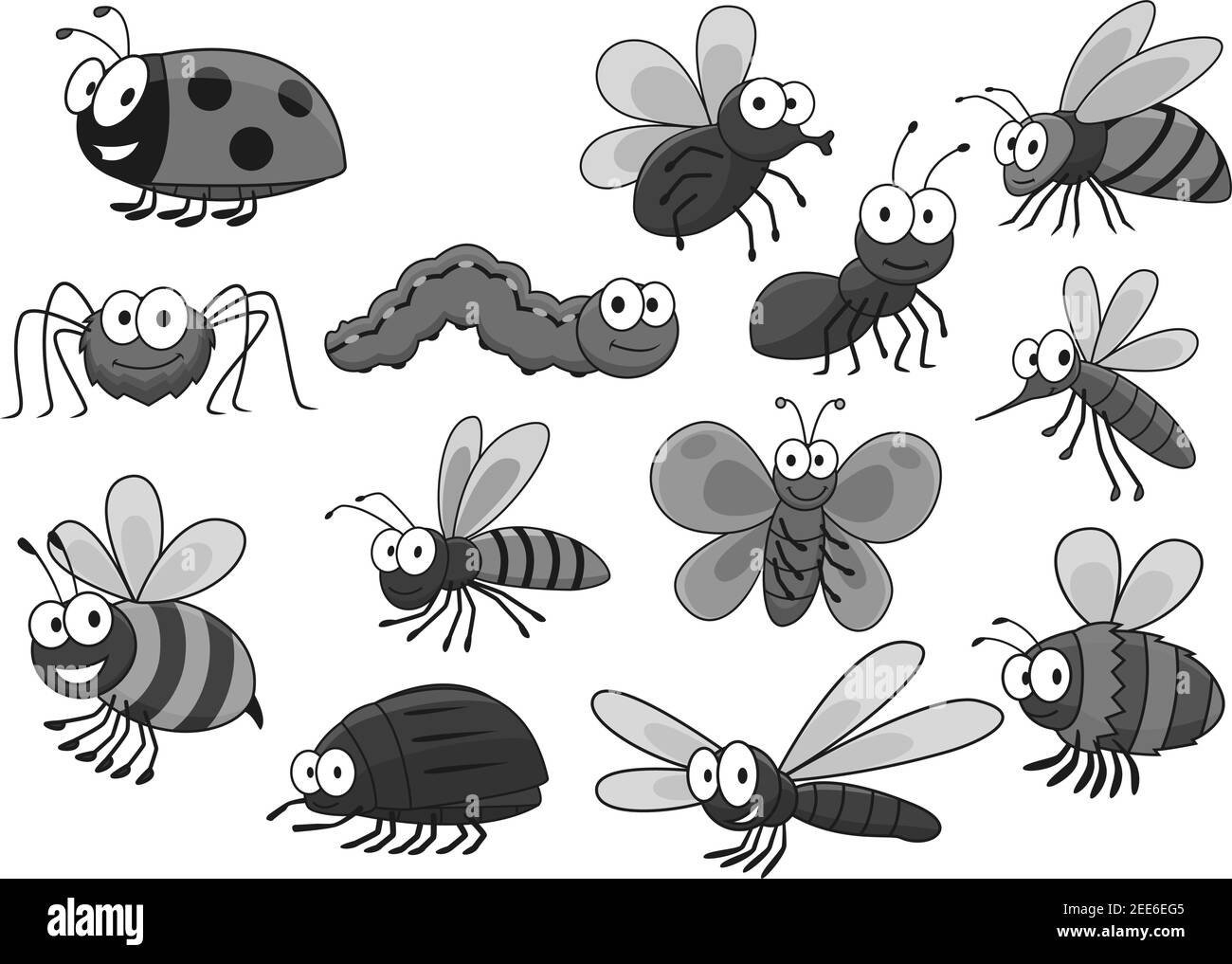 Insetti e insetti di api o ladybug o ladybird, mosca e vespa o ape e bumblebee, farfalla e caterpillar o barbabietola del cornetto. Falena e formica, libellula Illustrazione Vettoriale