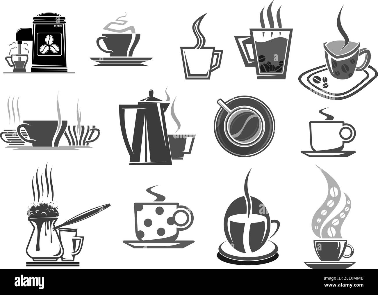 Icone di caffè e chicchi di caffè per il menu di caffè o caffetteria. Set isolato vettoriale di tazza di cioccolato caldo, espresso forte o latte macchiato o frappe Illustrazione Vettoriale Icone di caffè e chicchi di caffè per il menu di caffè o caffetteria. Set isolato vettoriale di tazza di cioccolato caldo, espresso forte o latte macchiato o frappe Illustrazione Vettoriale