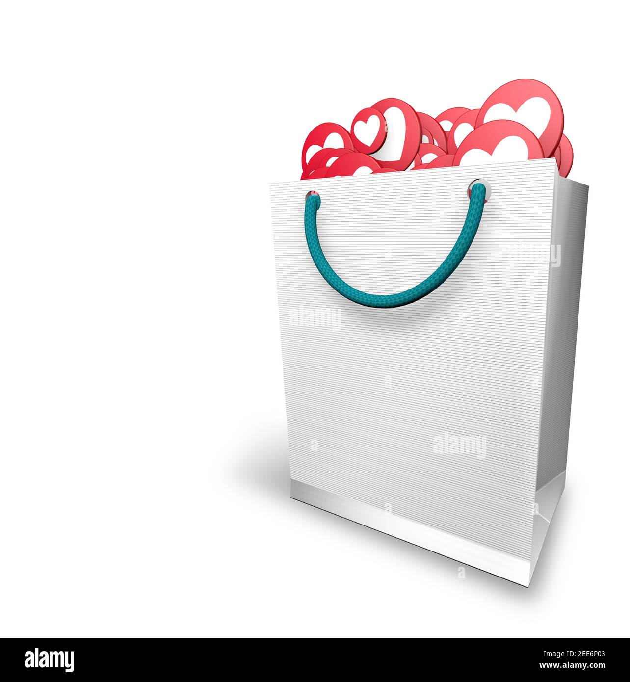 Borsa di carta bianca piena di cerchi rossi e cuore bianco con l'icona i LOVE su sfondo bianco. Illustrazione 3D Foto Stock