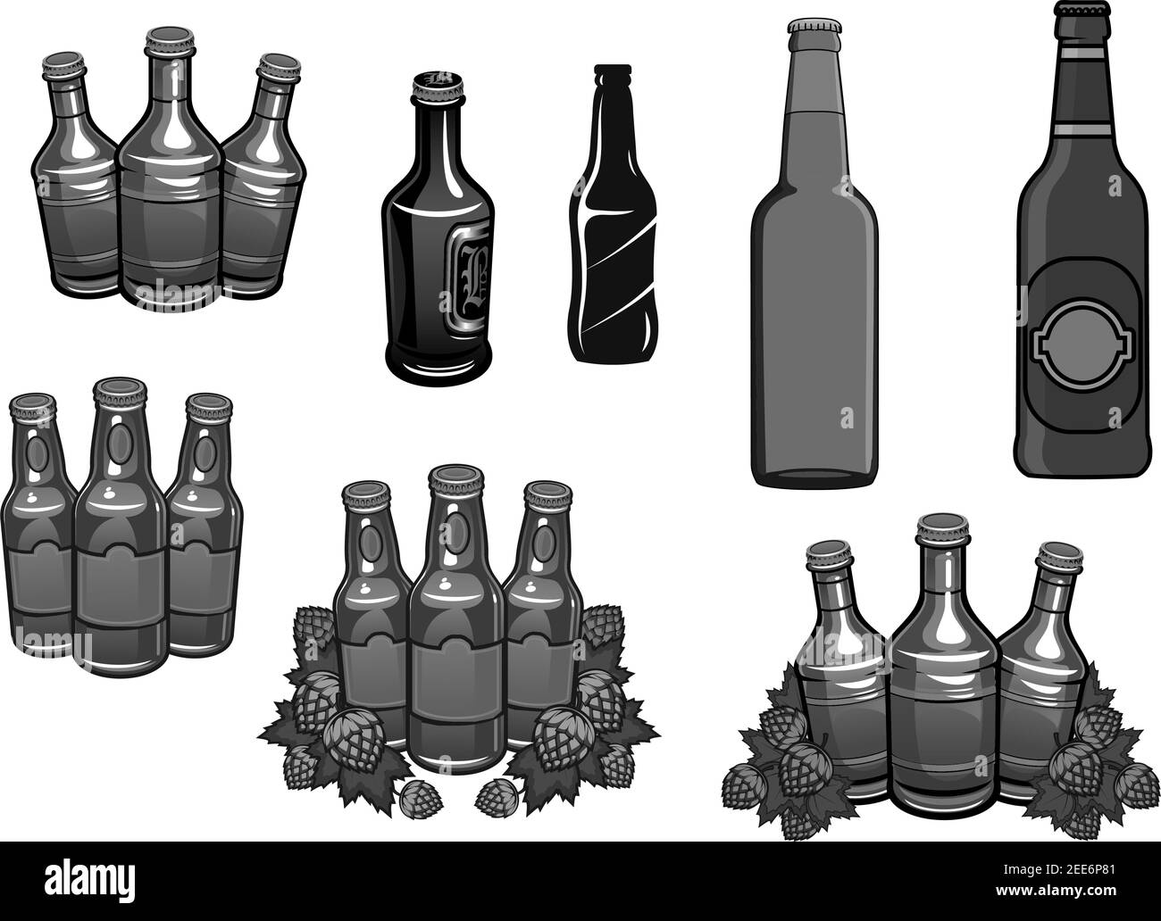 Icone modello birra e luppolo. Set vettoriale di bottiglie di birra e coni o semi di luppolo. Simboli per la fabbrica di birra artigianale o per il bar della fabbrica di birra con bevande alcoliche Illustrazione Vettoriale